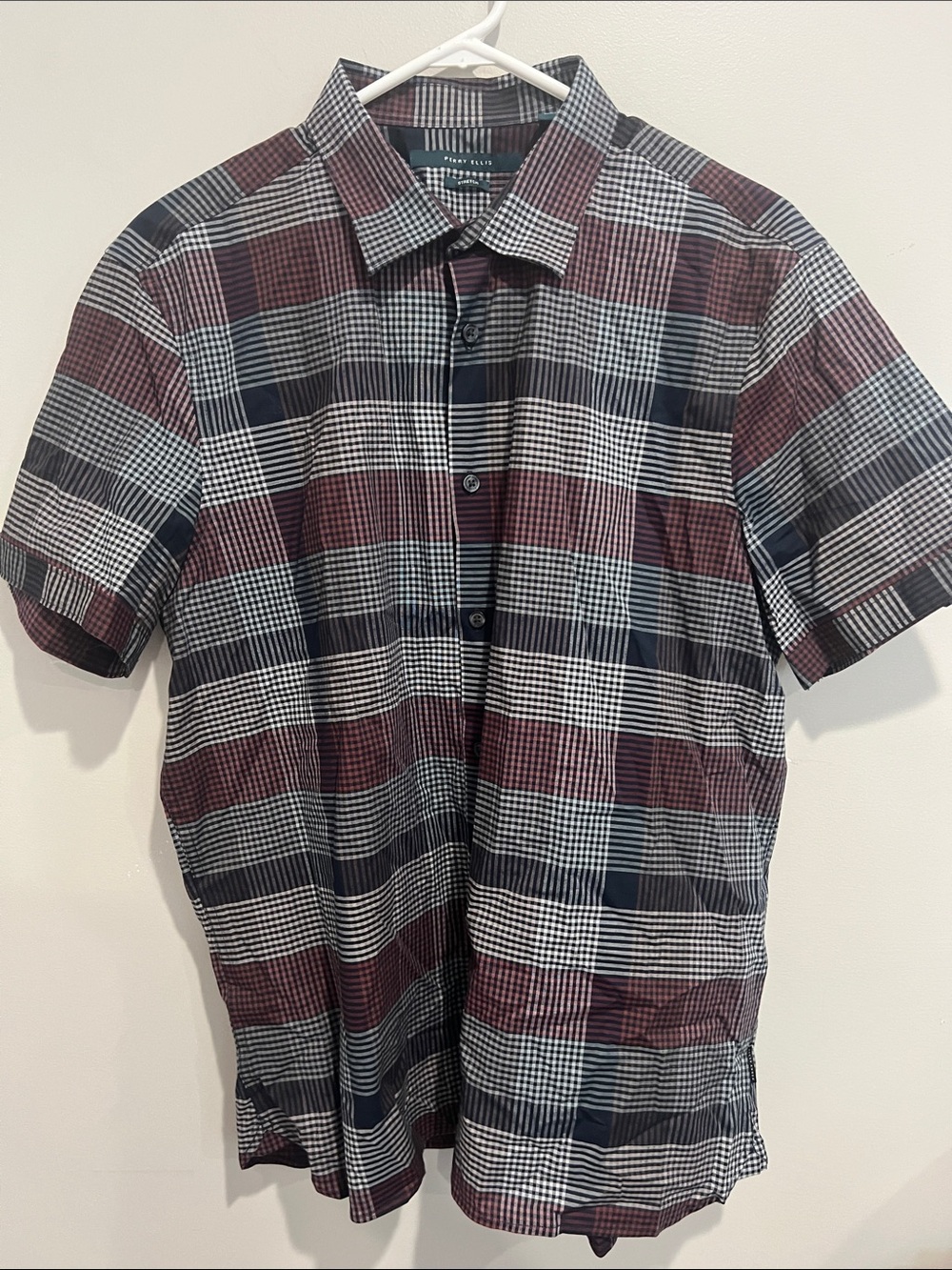 Perry Ellis mens short sleeve stretch button down shirt L prep collegiate